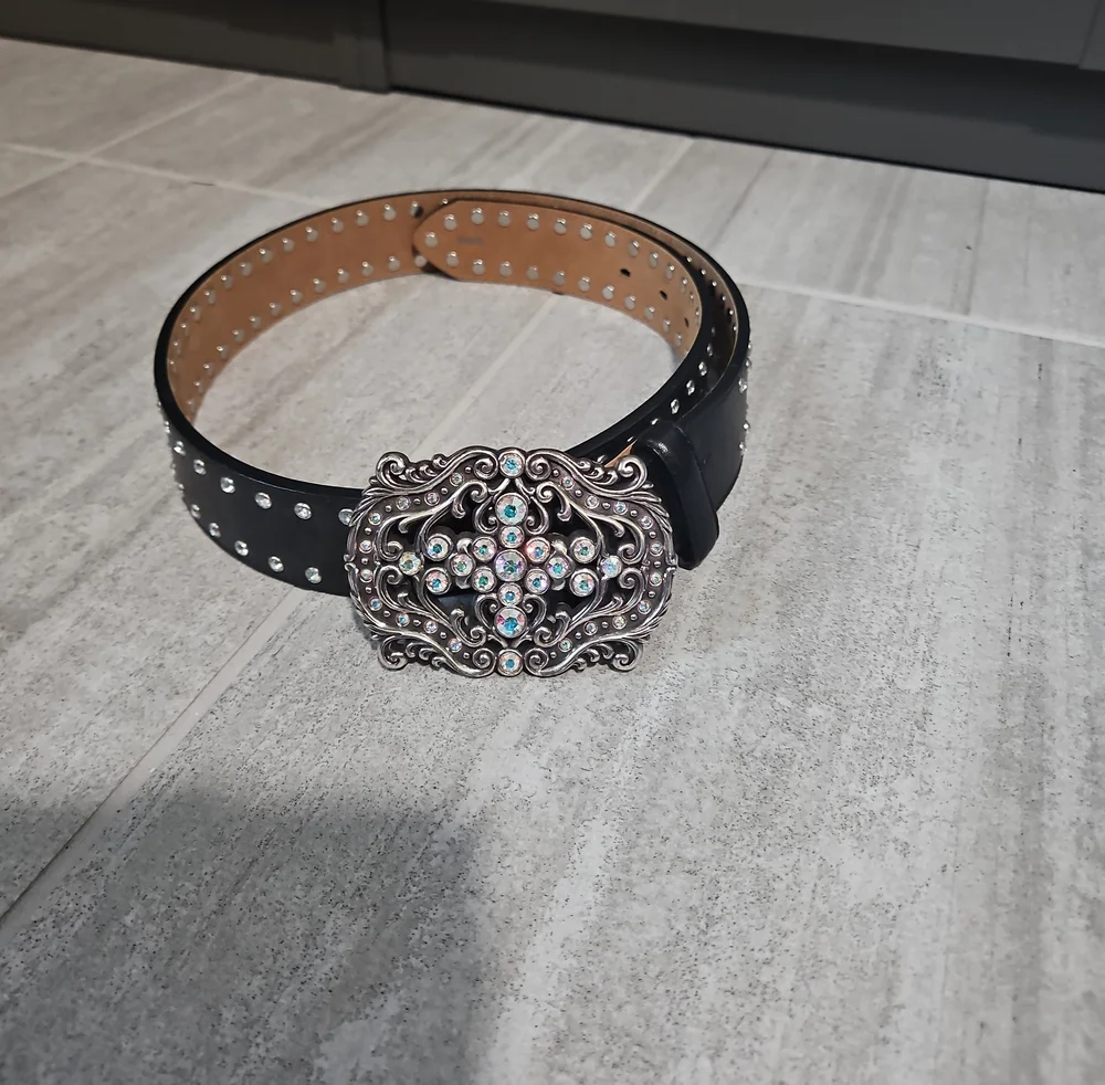 Black Studded Belt with Decorative Crystal Buckle